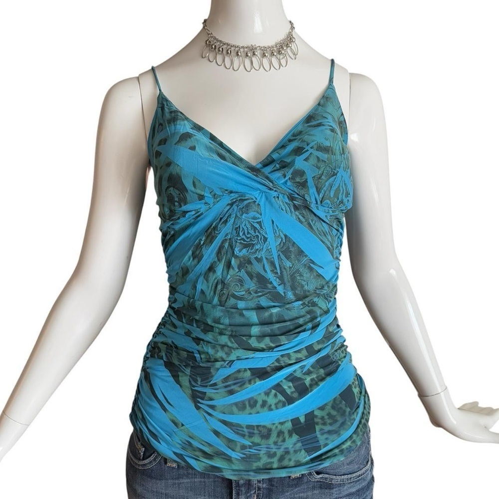 Y2K Blue & Green Graphic Print V-Neck Tank Top Size S